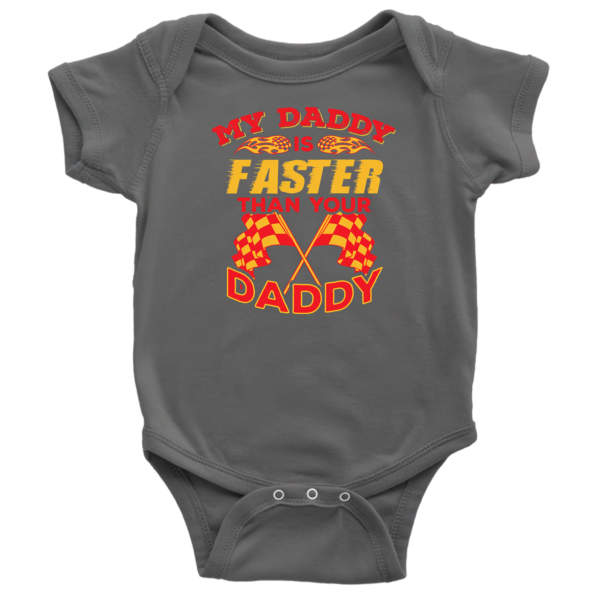 Gray baby onesie with racing-themed text and graphics on a white background