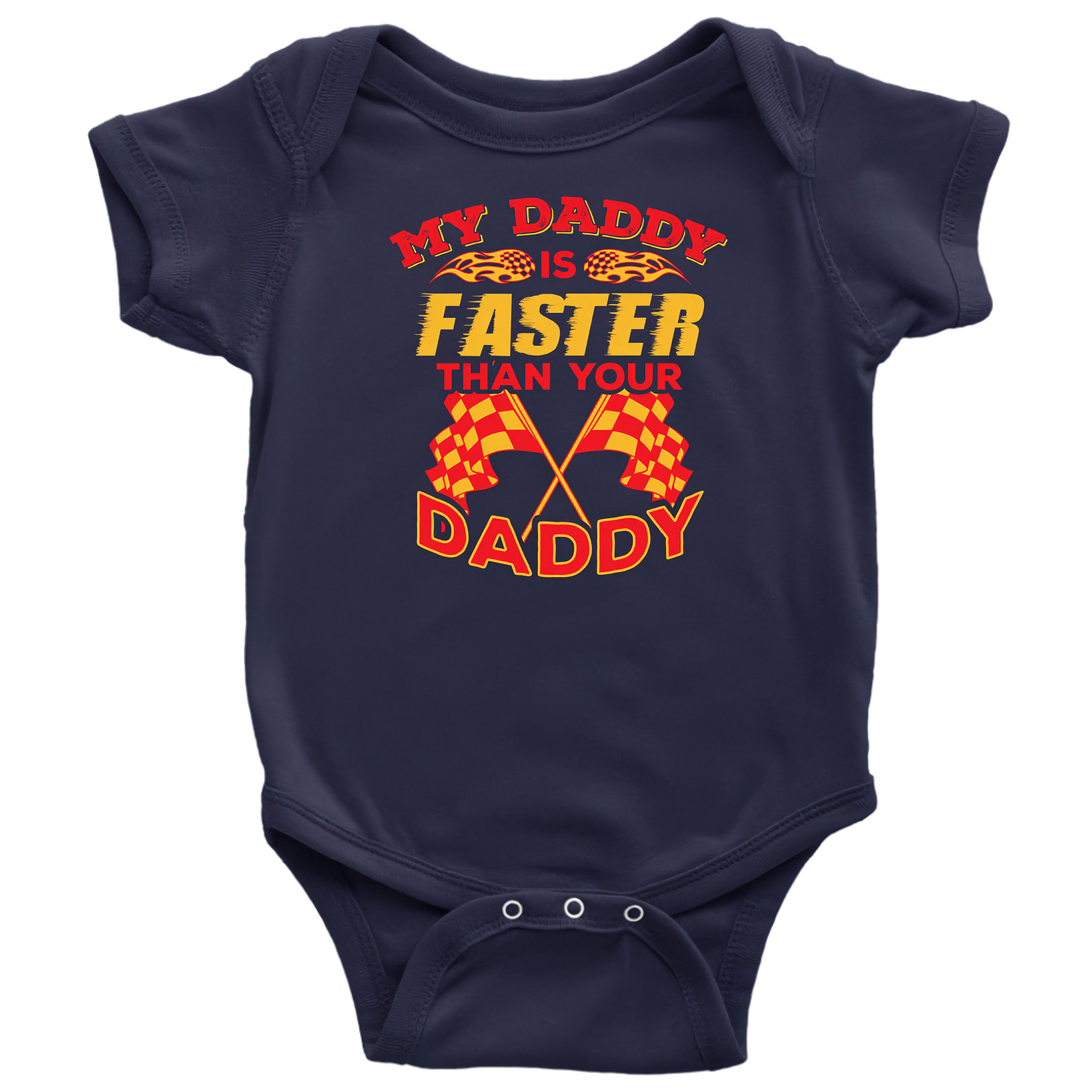Navy blue baby onesie with colorful text and racing flags on a white background