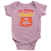 pink baby onesie with text and racing flags design on a white background