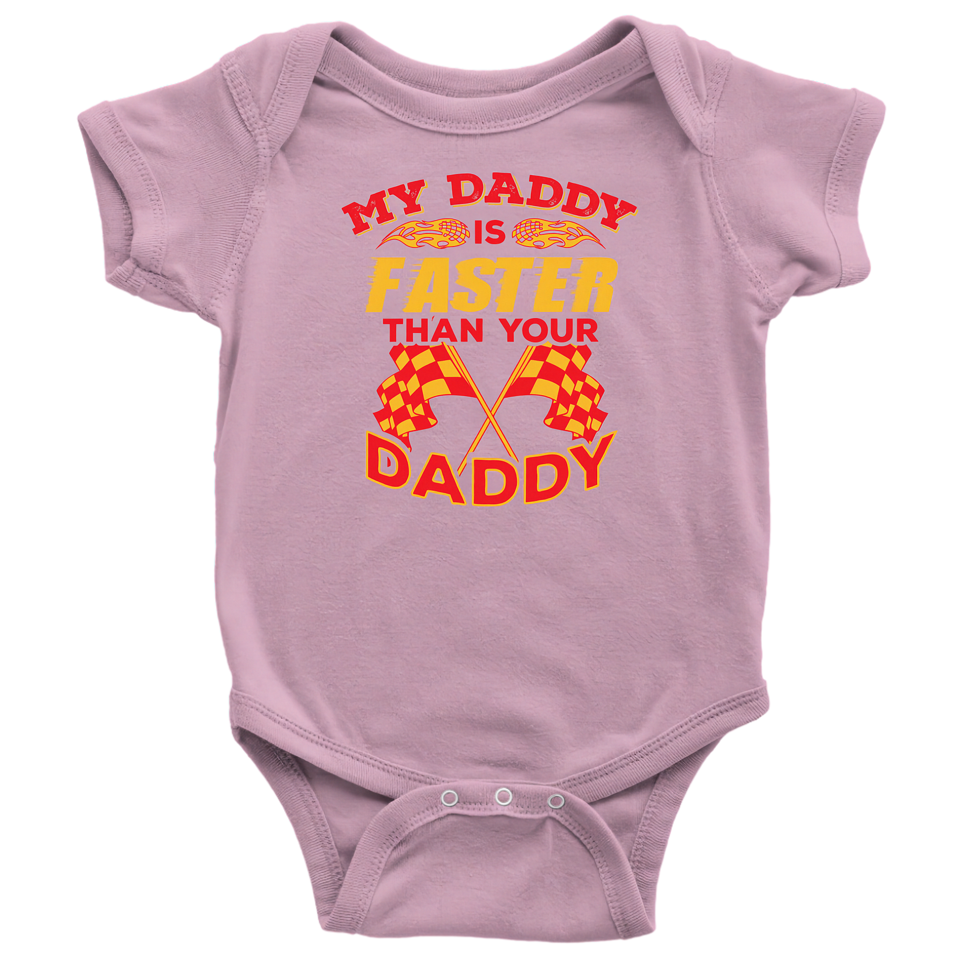 pink baby onesie with text and racing flags design on a white background