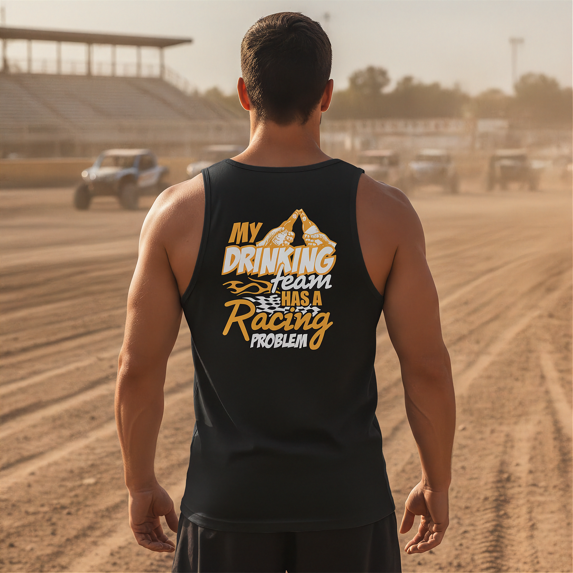 Man wearing a black tank top with a humorous text design on a dirt track.