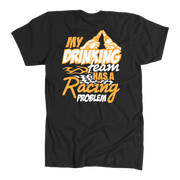 Black t-shirt with orange and white text and graphics on a white background
