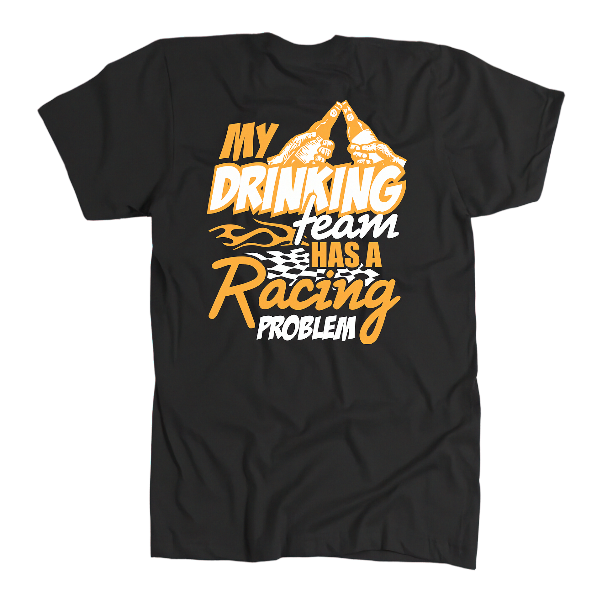 Black t-shirt with orange and white text and graphics on a white background