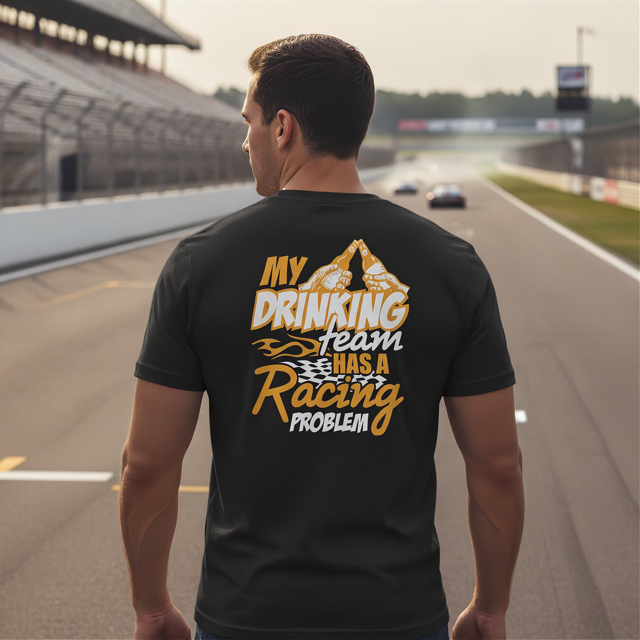 Man wearing a black t-shirt with a humorous racing-themed design on a race track.