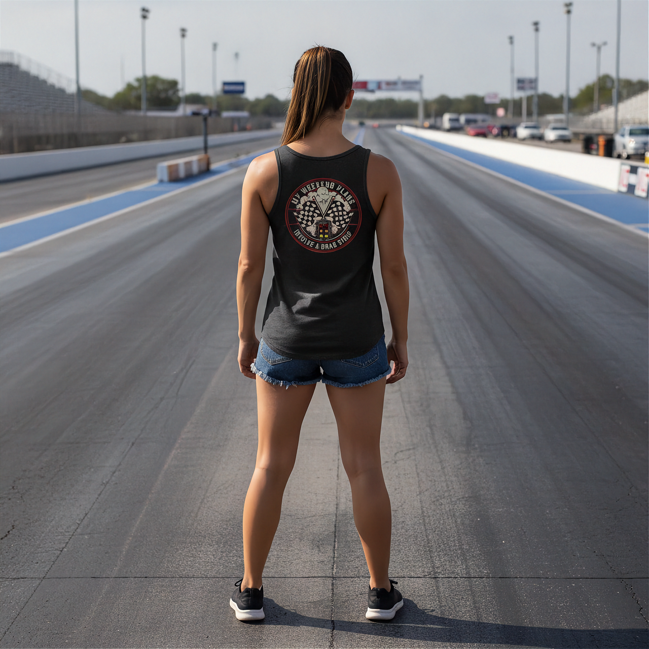 Woman standing on a racetrack wearing a black tank top with a logo.