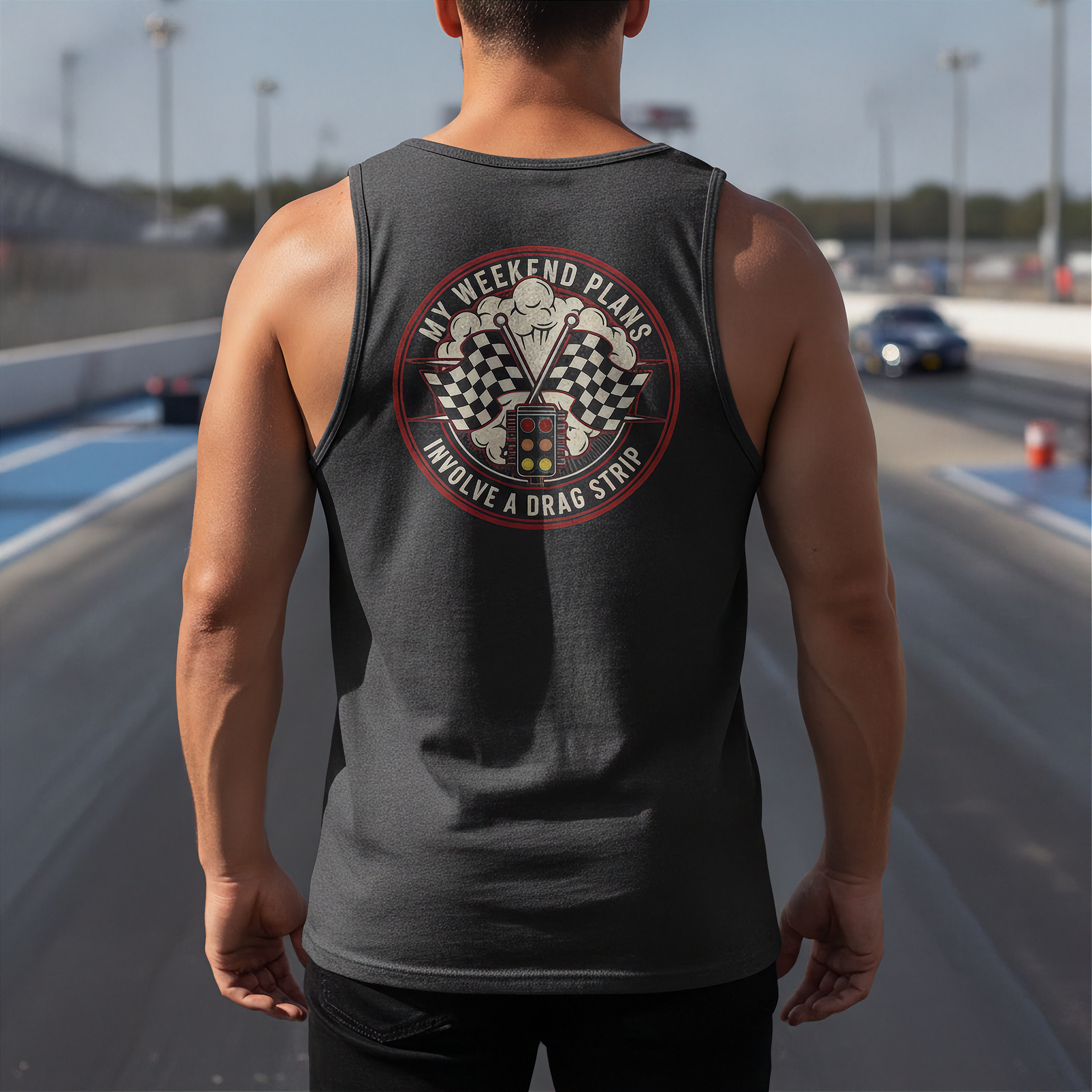 Man wearing a tank top with a graphic design on a racetrack