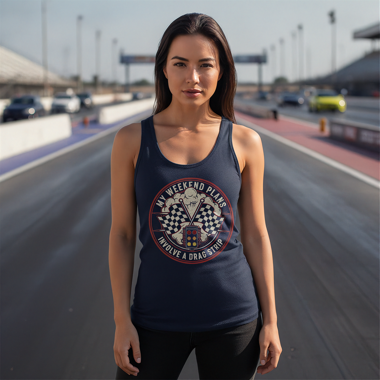Woman wearing a tank top with a graphic design on a race track