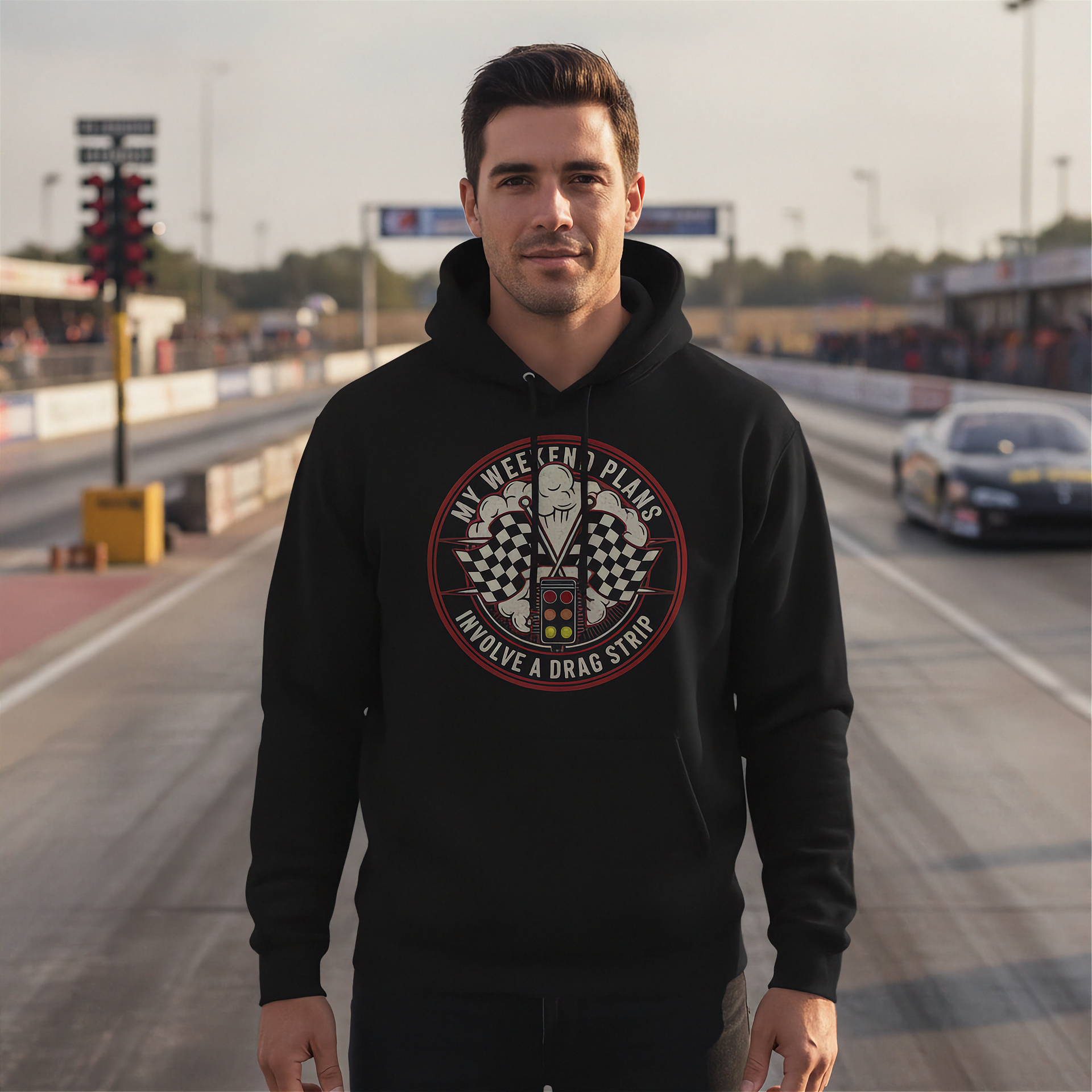 Man wearing a black hoodie with a graphic design on a race track