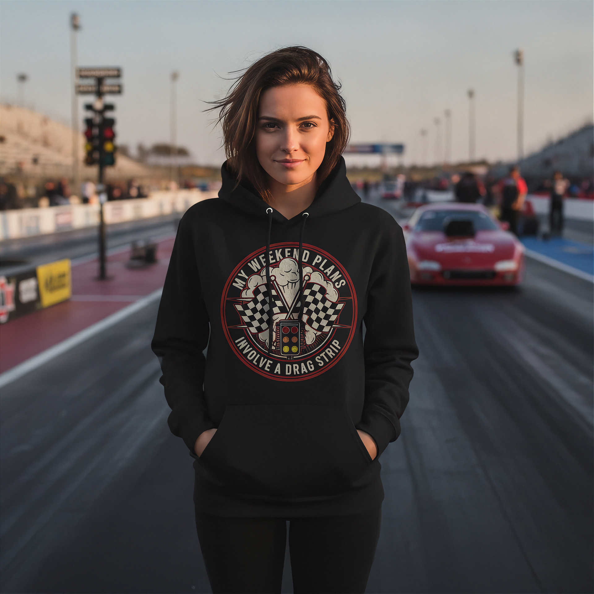 Woman wearing a black hoodie with a graphic design on a drag racing track