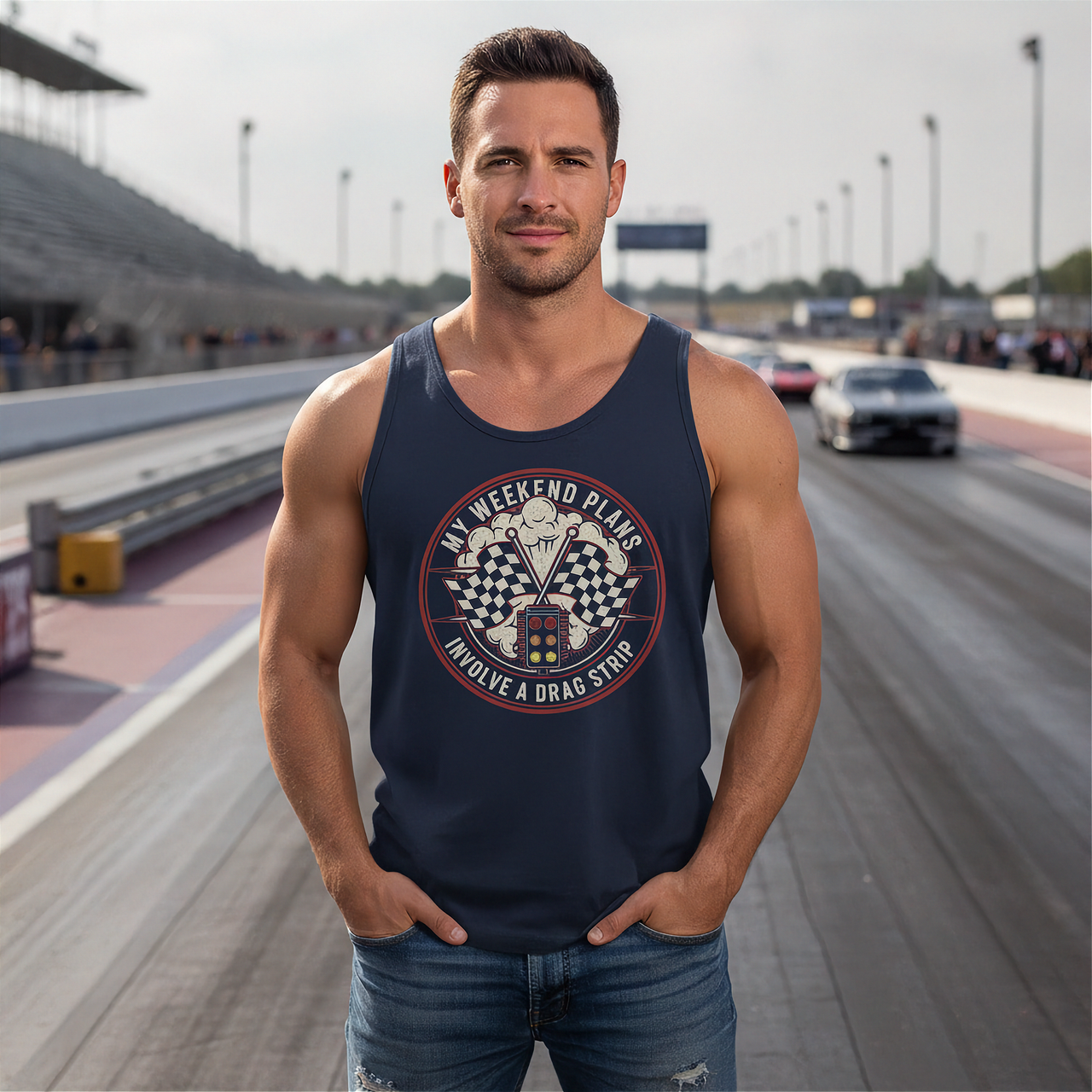 Man wearing a navy tank top with a graphic design on a race track