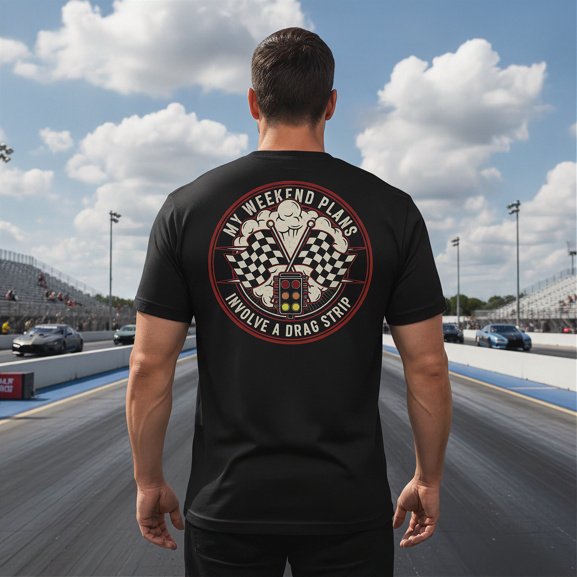 Man wearing a black t-shirt with a graphic design on the back at a race track.