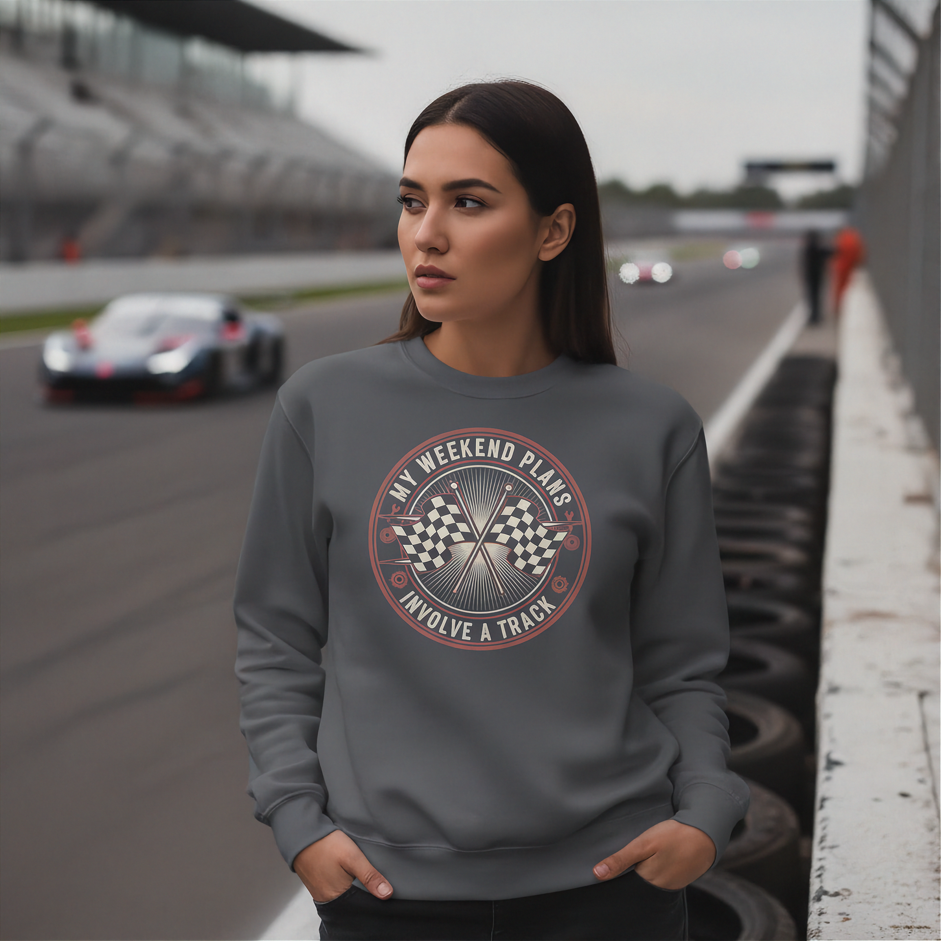 Woman wearing a sweatshirt with a racing theme on a race track background
