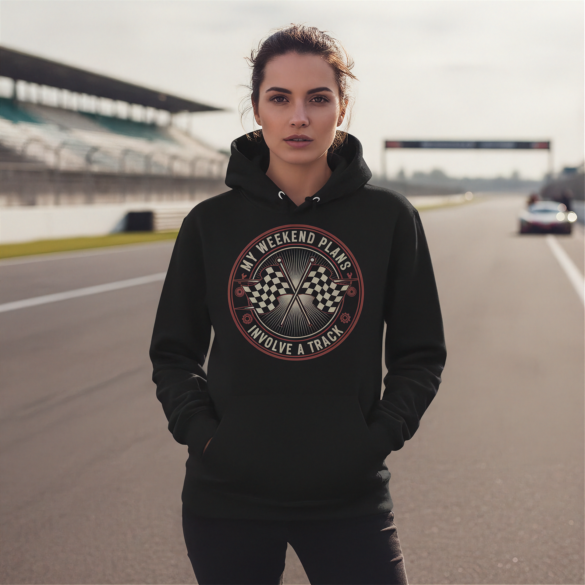 Woman wearing a black hoodie with a racing-themed design on a race track.