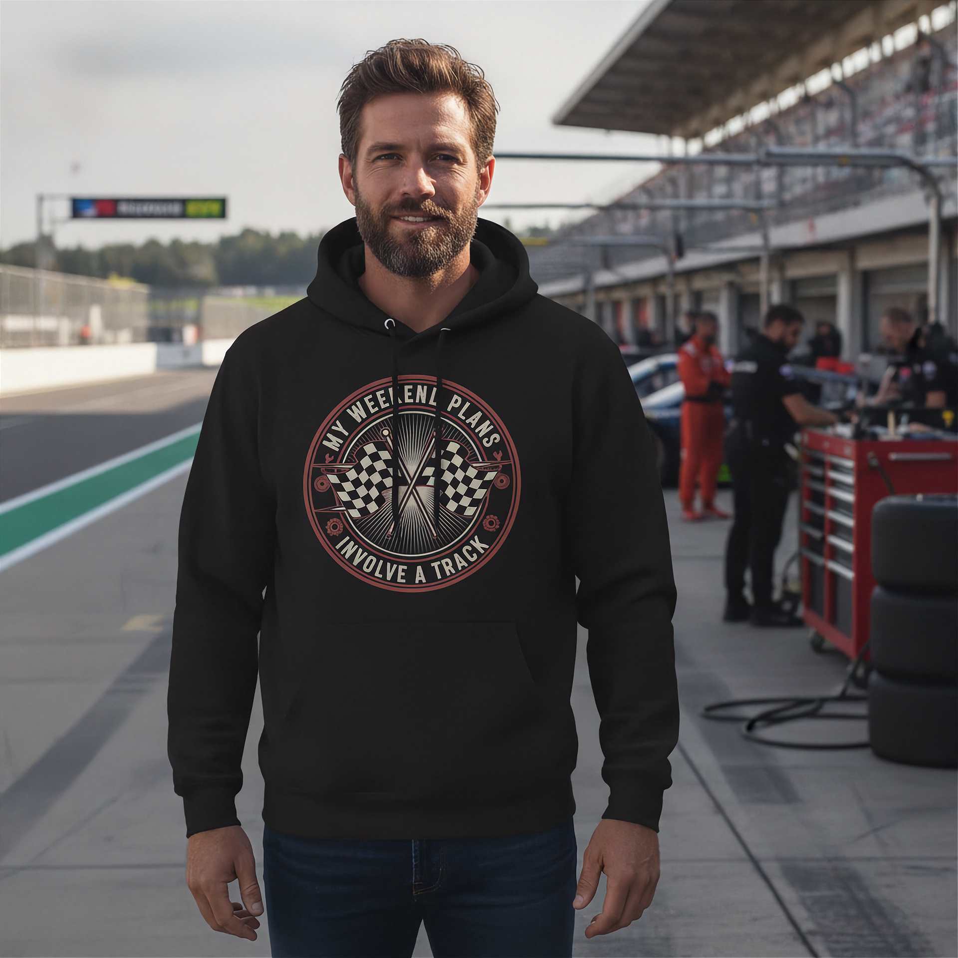 Man wearing a black hoodie with a graphic design on a race track