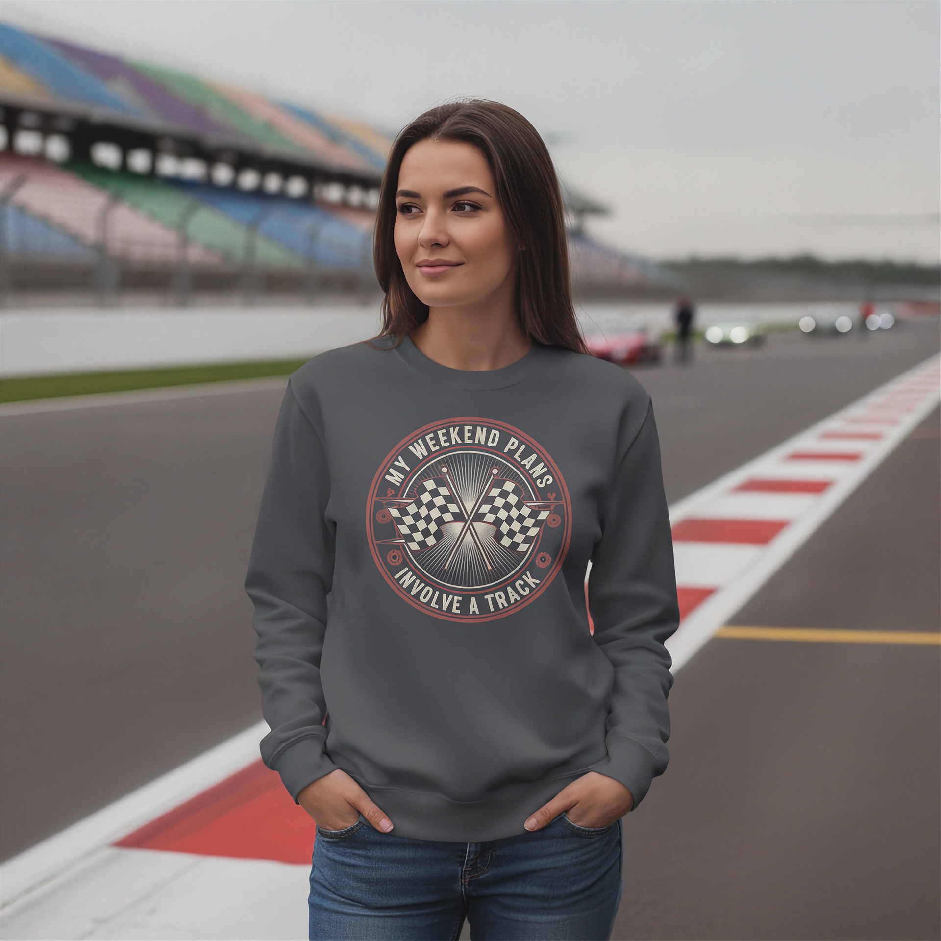 Woman wearing a sweatshirt with a track graphic on a race track background