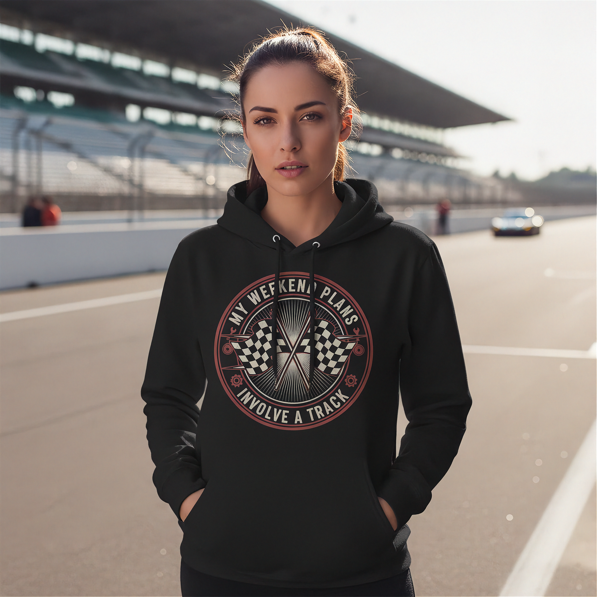 Woman wearing a black hoodie with a racing-themed design on a race track.
