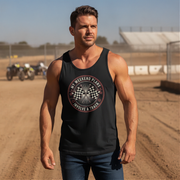 Man wearing a black tank top with a graphic design on a dirt track background