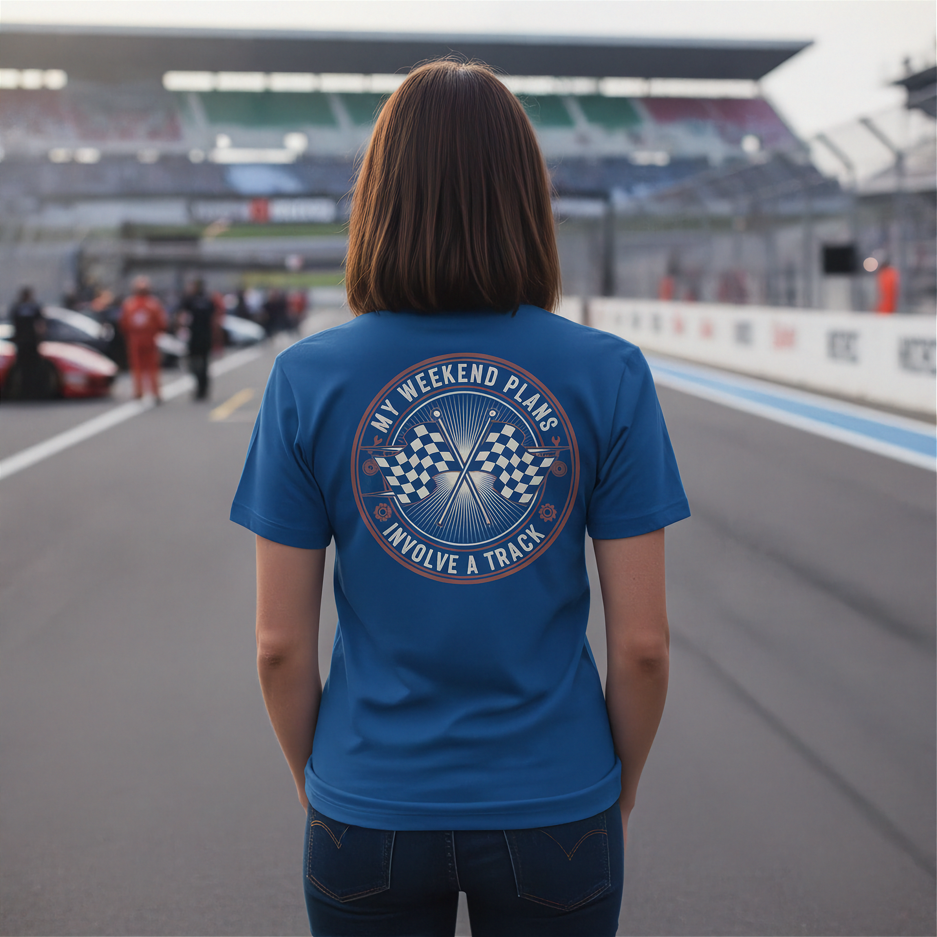 Woman wearing a blue t-shirt with a track-themed design on a race track.