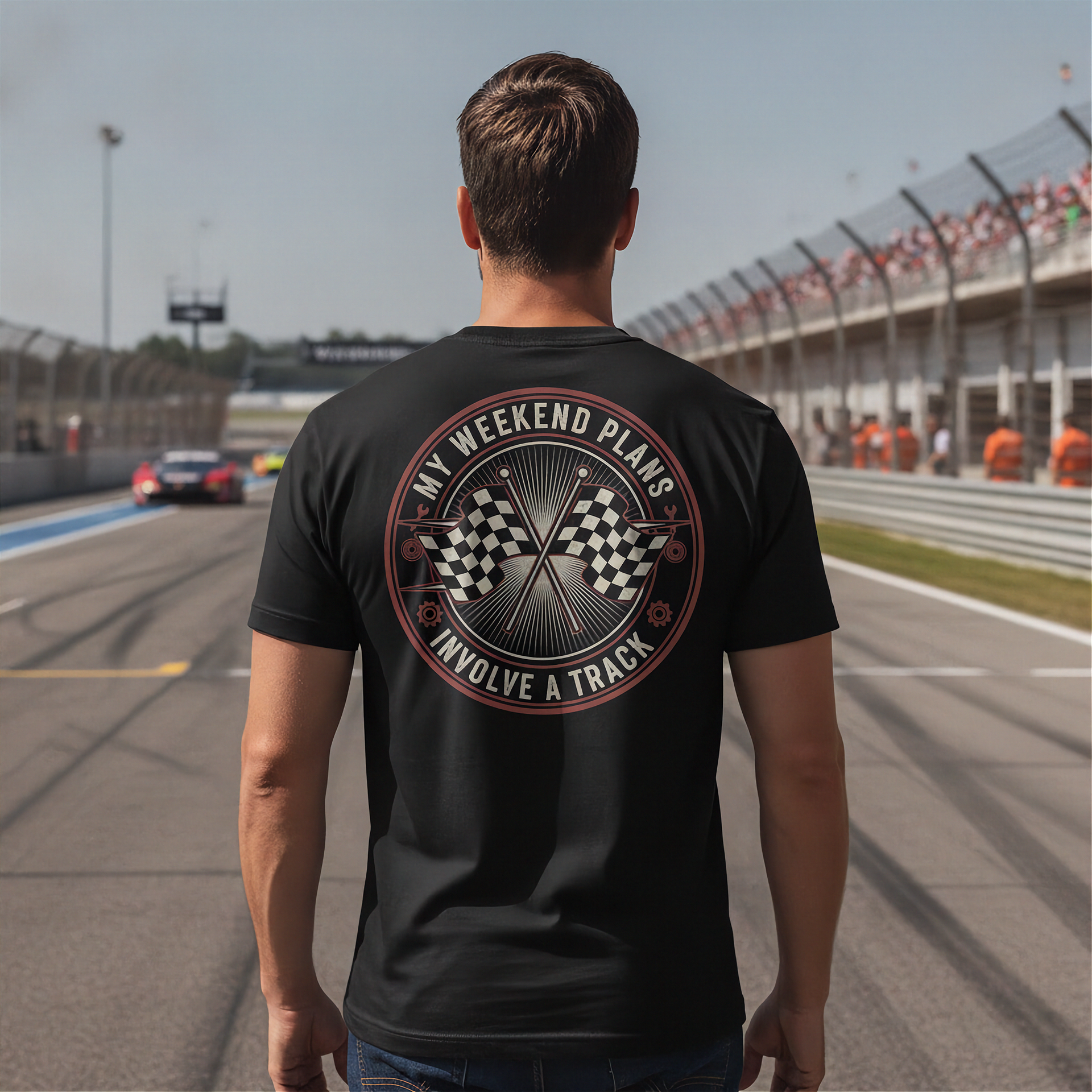 Man wearing a black t-shirt with a racing-themed design on a race track.
