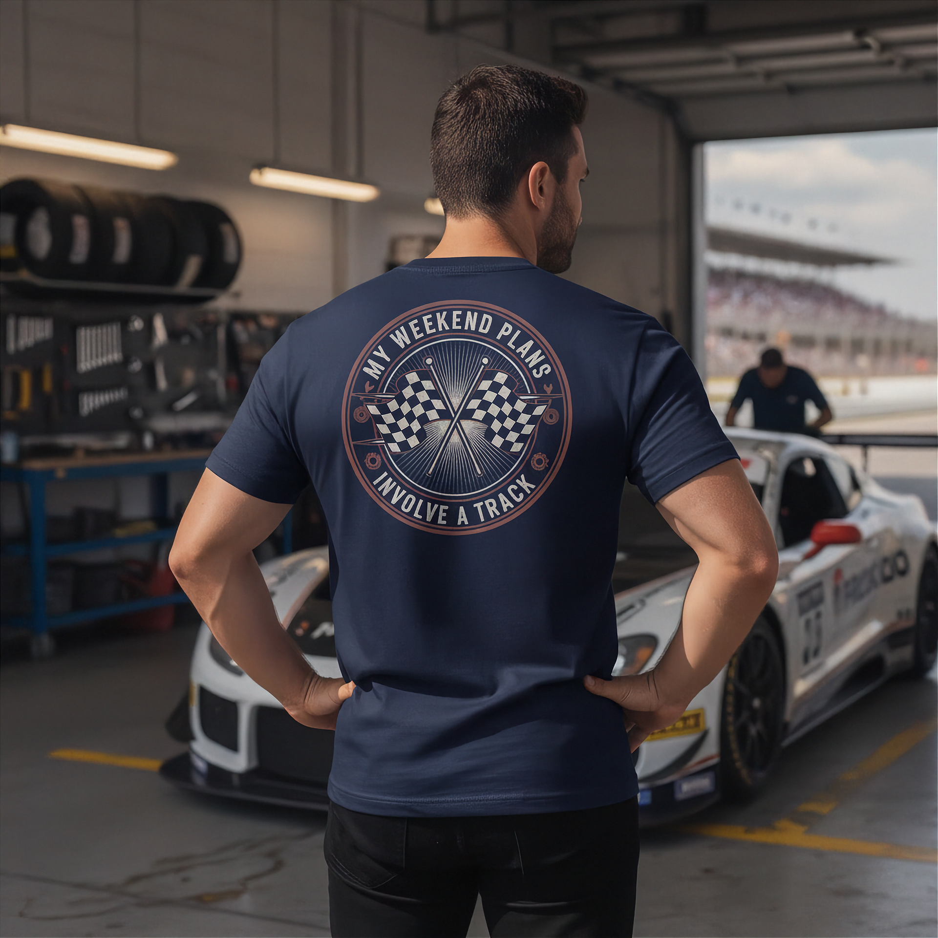 Man wearing a navy blue t-shirt with a graphic design in a garage with a race car in the background