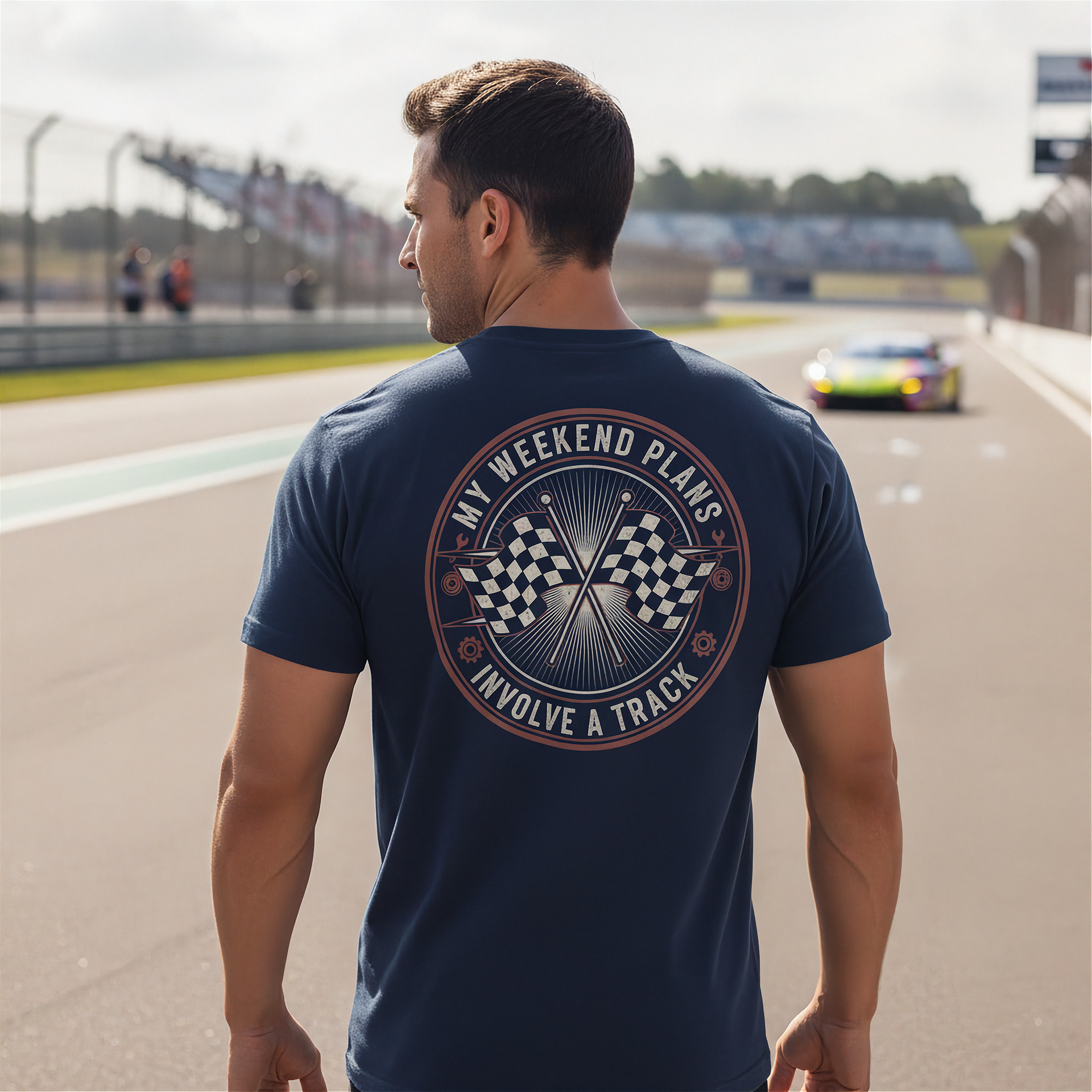 Man wearing a navy blue t-shirt with a graphic design on a race track