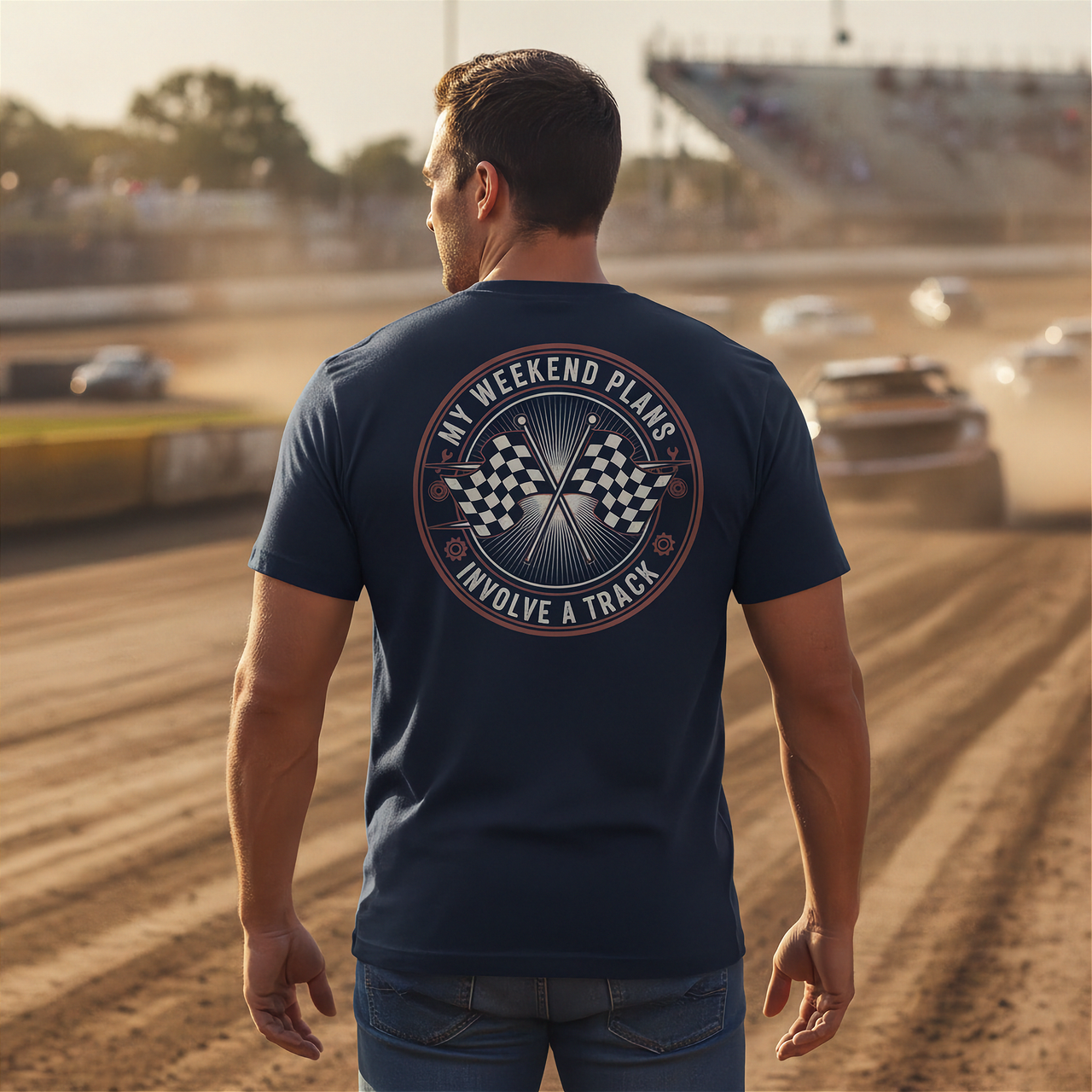 Man wearing a t-shirt with a track-themed design at a race track.