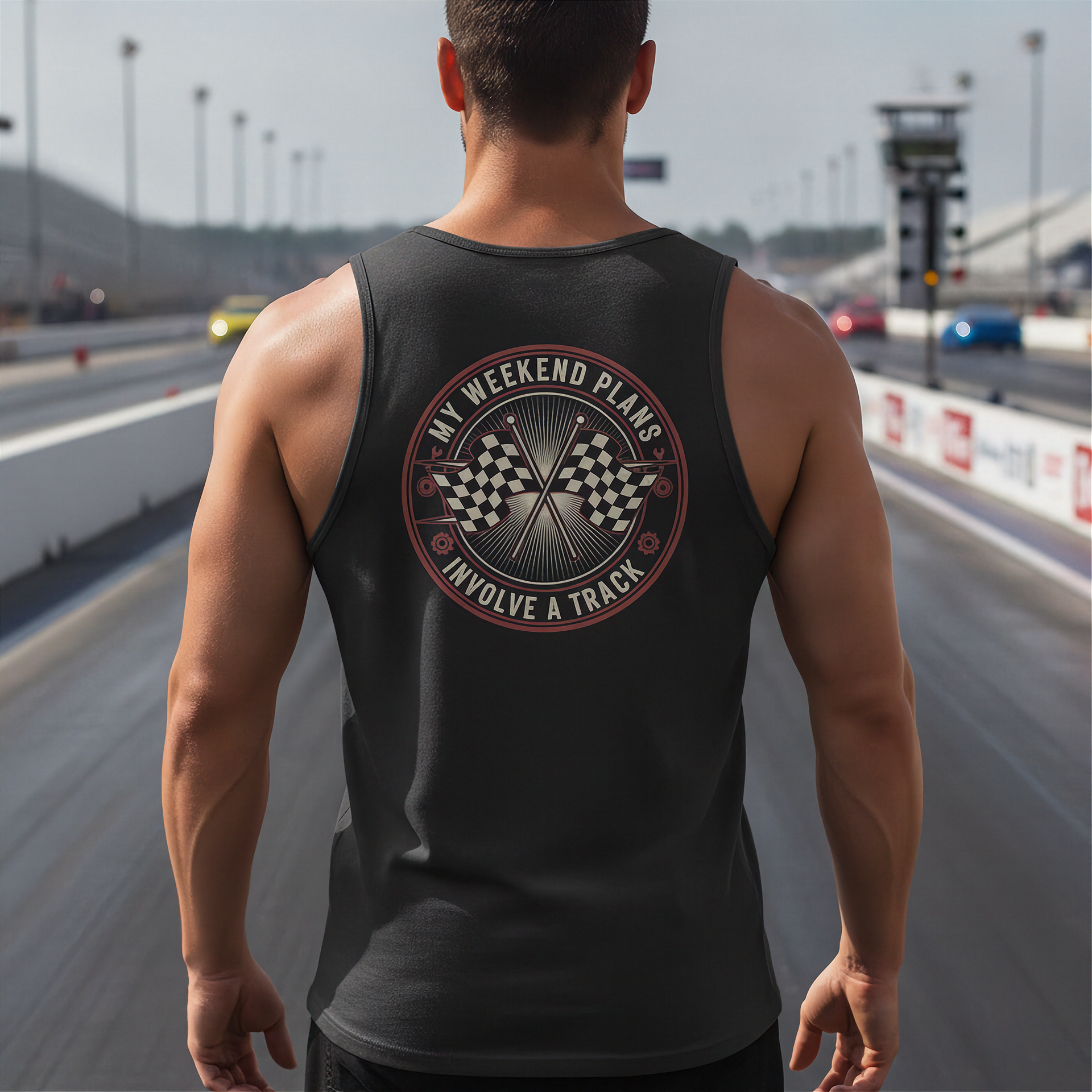 Man wearing a black tank top with a track-themed design on a race track background