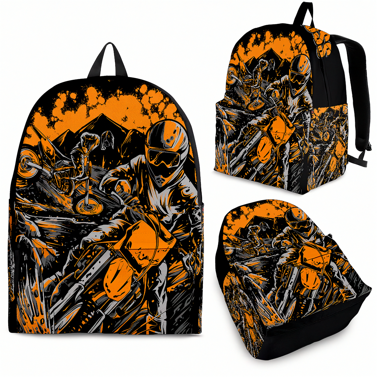 An adult man and an 8 to 12 year old child walking together toward a dirt track racing oval, both wearing matching custom orange motocross racing backpacks viewed from a slight side angle.