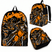 An adult man and an 8 to 12 year old child walking together toward a dirt track racing oval, both wearing matching custom orange motocross racing backpacks viewed from a slight side angle.