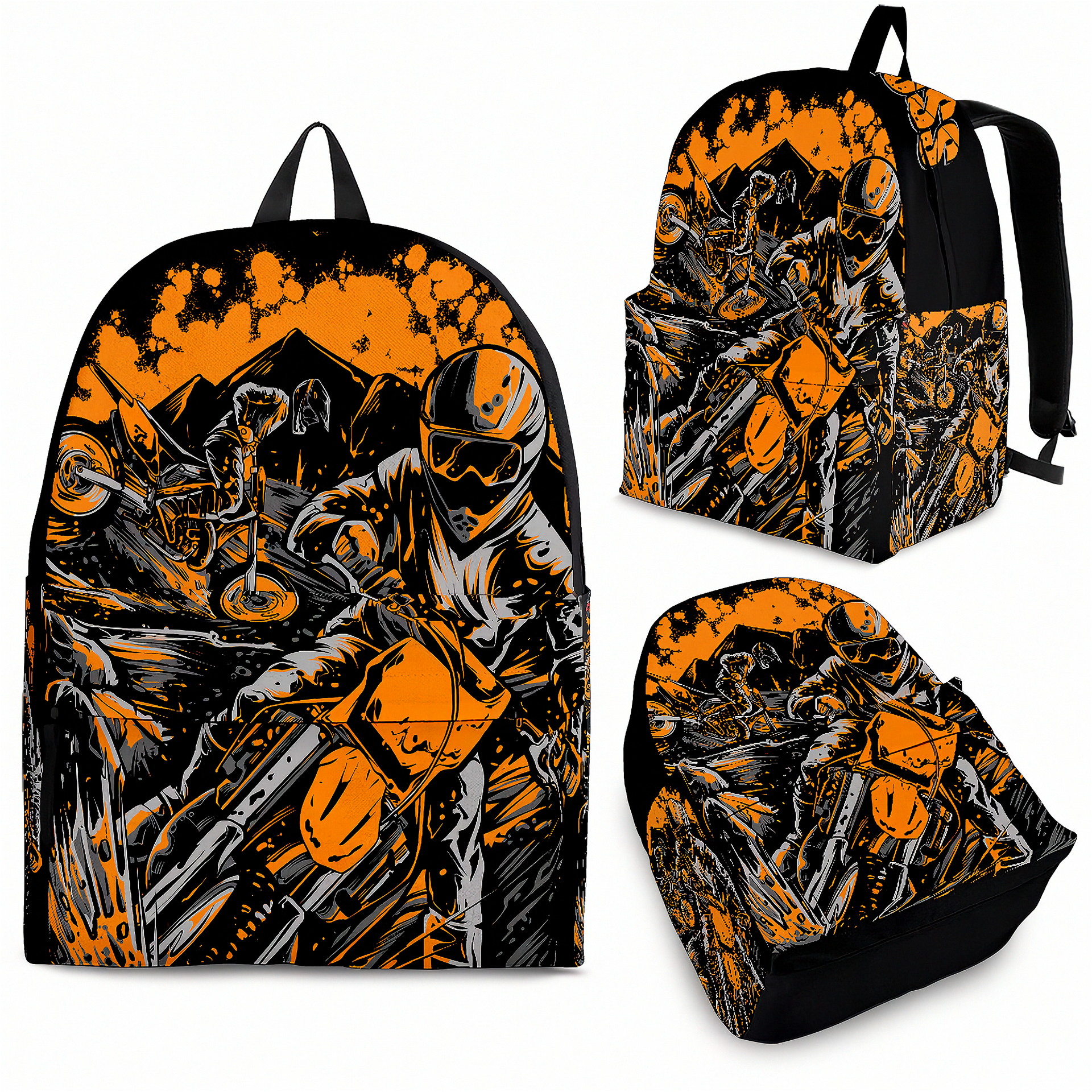 An adult man and an 8 to 12 year old child walking together toward a dirt track racing oval, both wearing matching custom orange motocross racing backpacks viewed from a slight side angle.