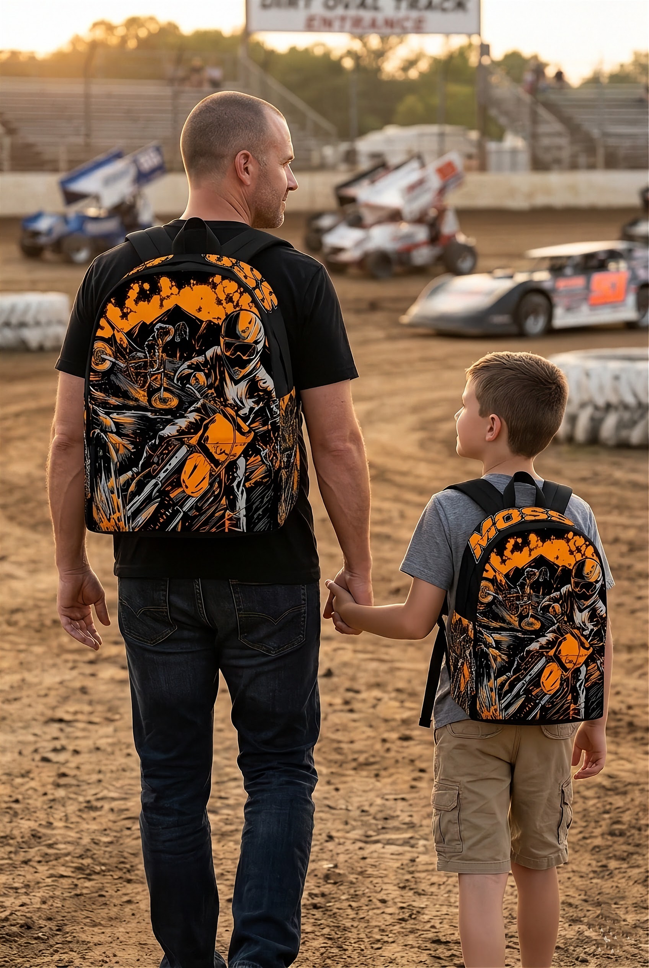 An adult man and an 8 to 12 year old child walking together toward a dirt track racing oval, both wearing matching custom orange motocross racing backpacks viewed from a slight side angle.