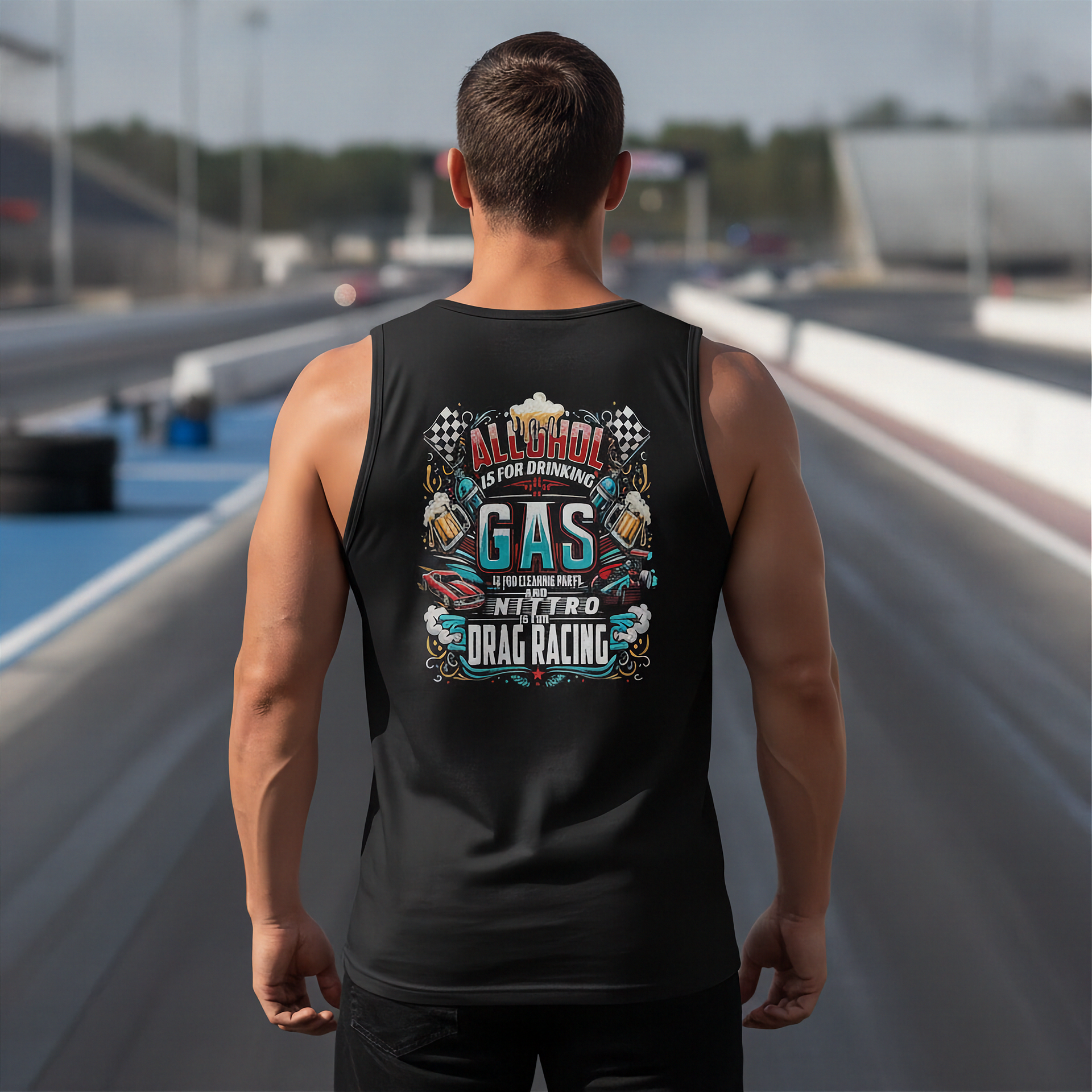 A man stands on a racetrack wearing a black sleeveless tank top from the back, which features a colorful graphic design with the words 'ALCOHOL IS FOR DRINKING, NITRO IS DRAG RACING', and 'DRAG RACING'.