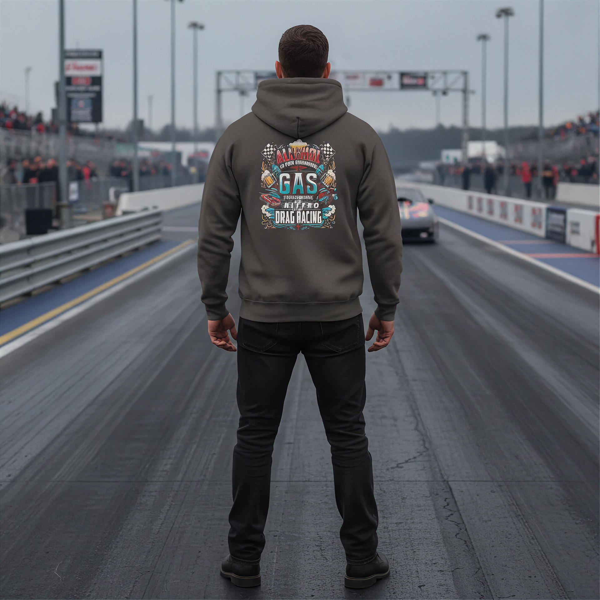 A man stands on a drag racing track seen from behind, wearing a dark olive brown hoodie with a large colorful graphic on the back that reads ''ALCOHOL IS FOR DRINKING, NITRO IS DRAG RACING'.