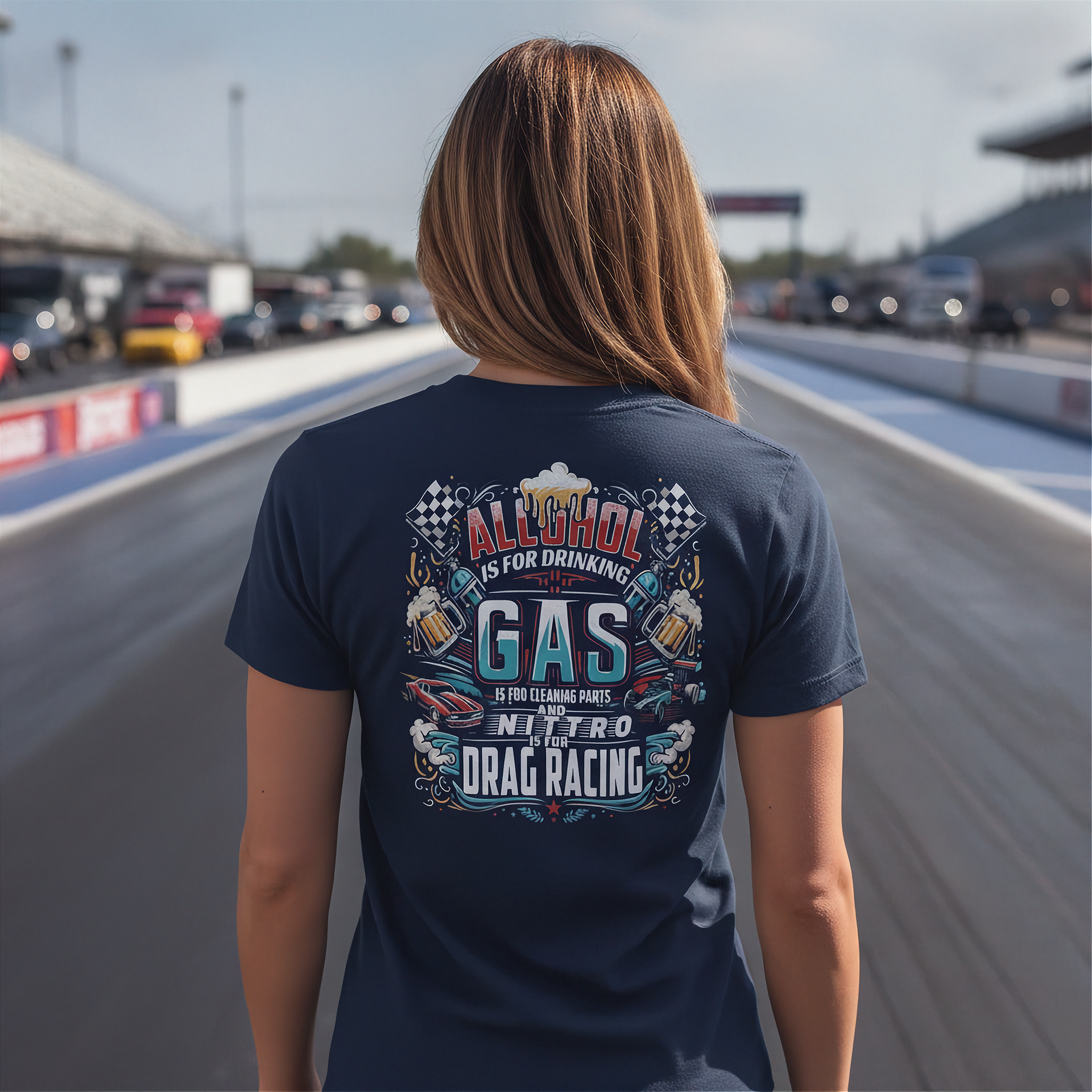 A woman viewed from behind wearing a navy blue t-shirt with a large graphic print on the back, standing on a racetrack with blurred cars and grandstands in the background.