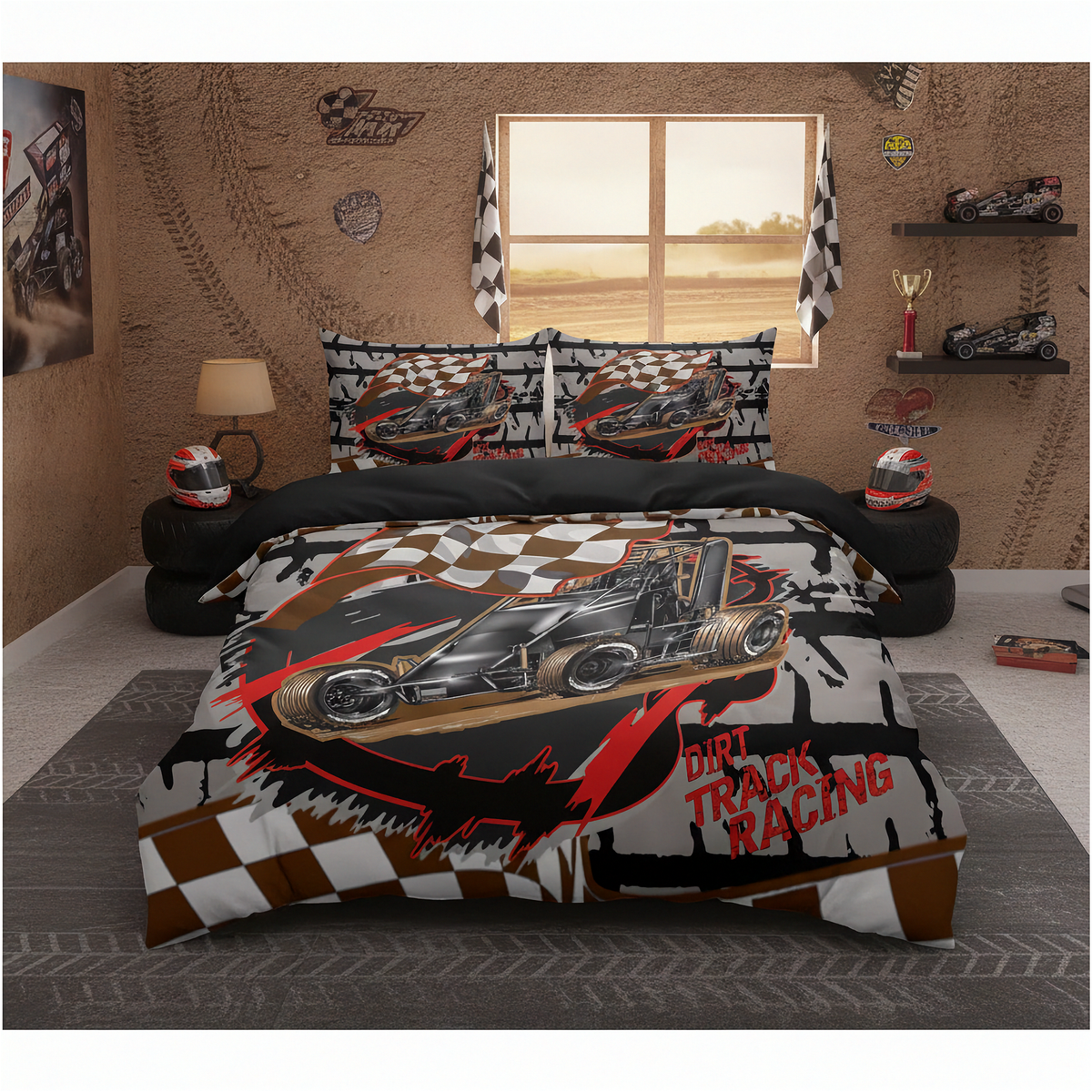 A racing-themed bedding set displayed on a bed in a styled bedroom. The set includes a duvet cover and two matching pillowcases featuring a graphic of a black race car, checkered flags, dirt track racing text, and brown and black splatter patterns.