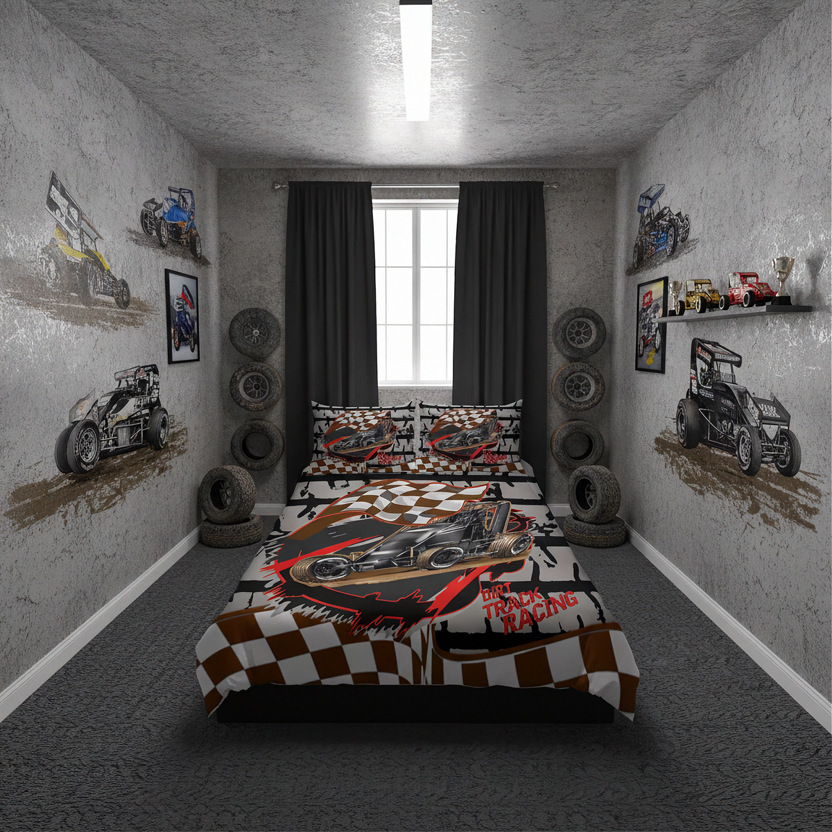 A racing-themed bedding set displayed on a bed in a styled bedroom. The bedding features a checkered pattern and a graphic of a race car with the word 'Dirt track racing' on the comforter and matching pillowcases.