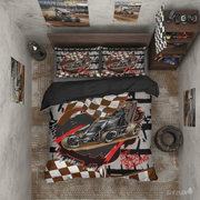 A top-down view of a kids' bedroom featuring a custom racing-themed bedding set. The set includes a duvet cover and two matching pillowcases with a graphic of a black race car, checkered flags, and 'Racing' text.