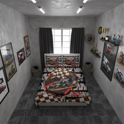 A racing-themed bedding set displayed on a bed in a styled bedroom. The set features a duvet cover and matching pillowcases with a graphic of a black race car on a brown and white checkered pattern, alongside 'dirt track Racing' text.