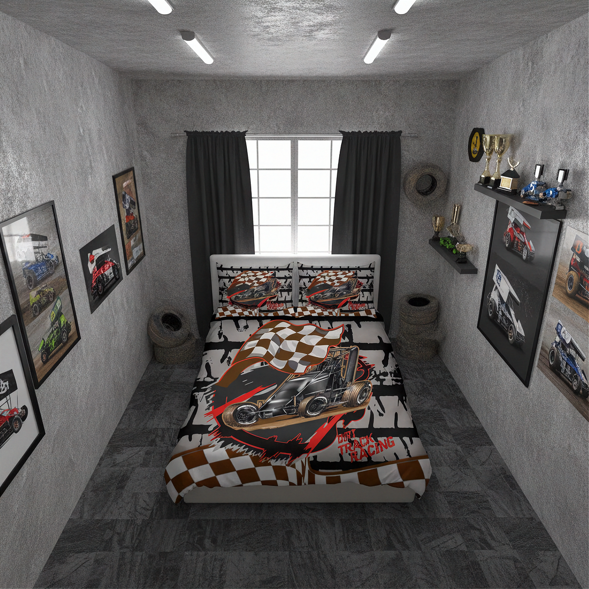 A racing-themed bedding set displayed on a bed in a styled bedroom. The set features a duvet cover and matching pillowcases with a graphic of a black race car on a brown and white checkered pattern, alongside 'dirt track Racing' text.