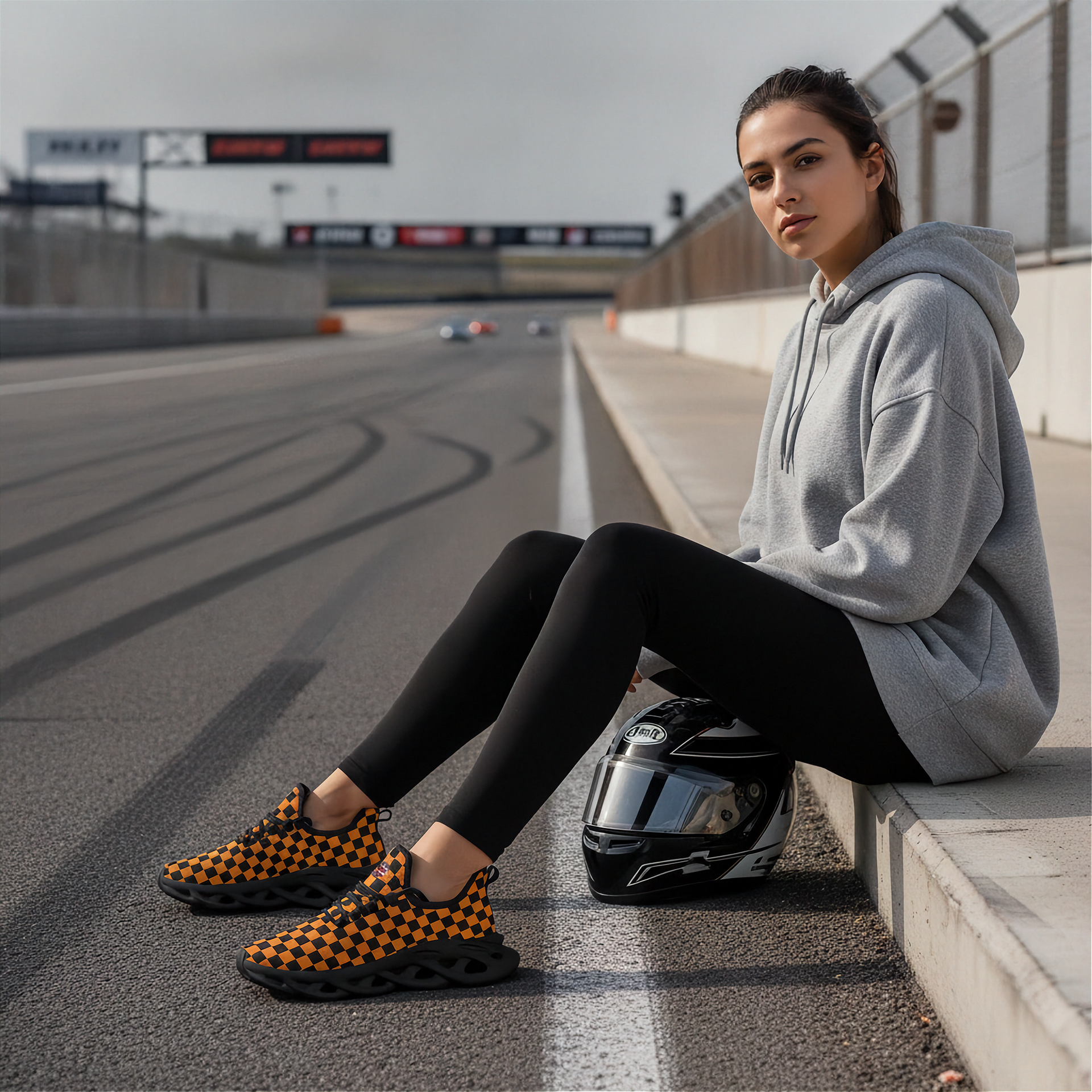 Woman sitting on a race track wearing checkered shoes and a gray hoodie, with a helmet beside them.