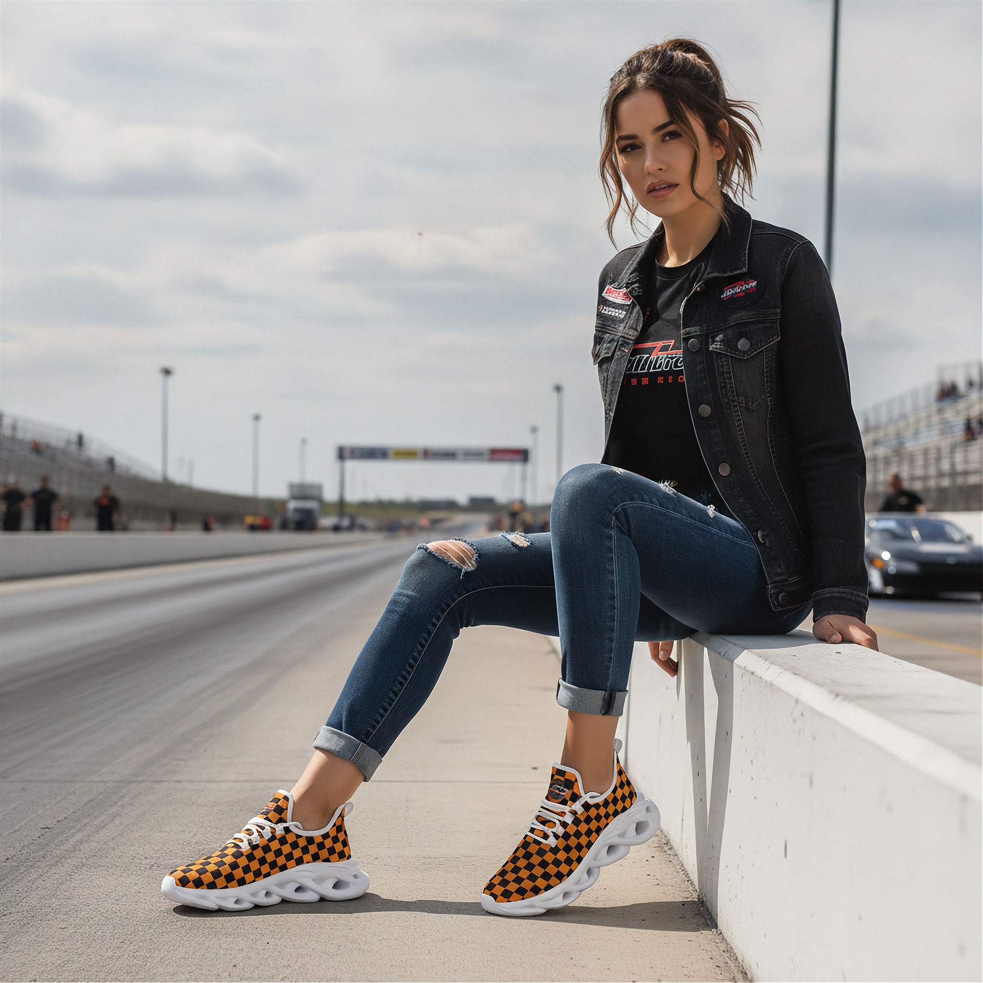 Woman sitting on a barrier at a race track wearing checkered sneakers.