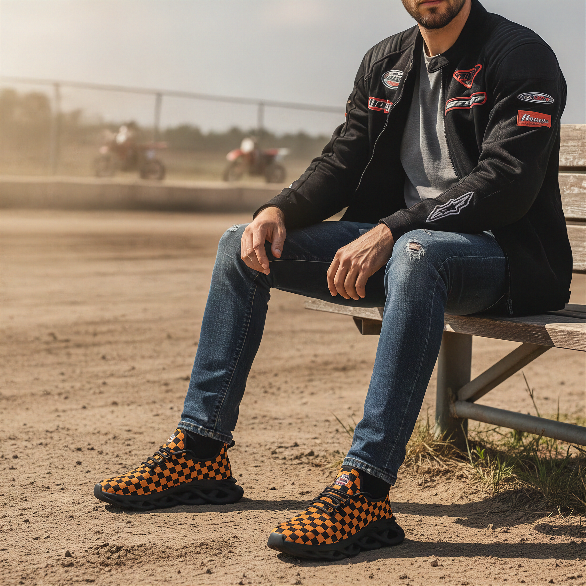 Man sitting on a bench at a race track wearing checkered boots and a branded jacket.