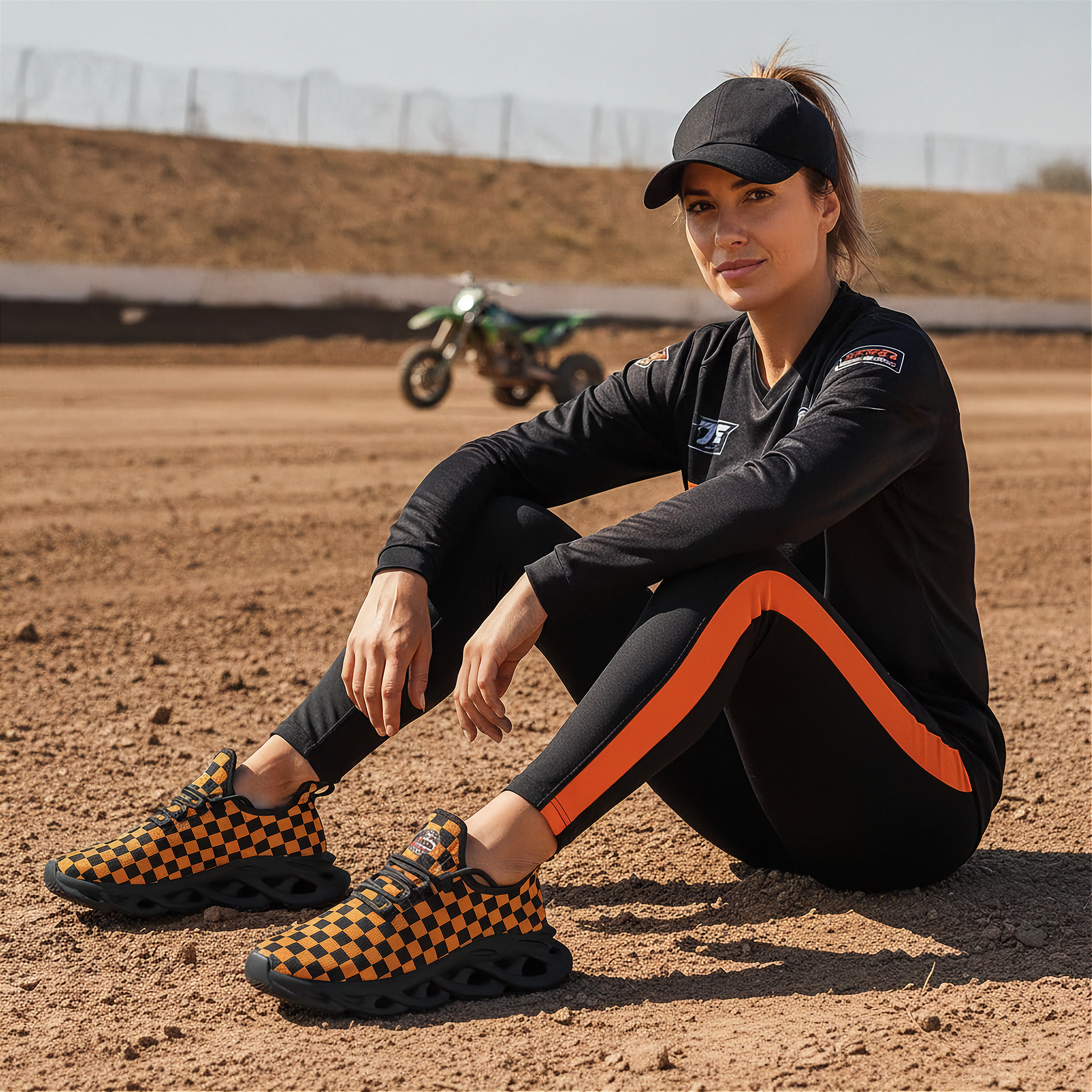 Woman sitting on a dirt track wearing black and orange shoes, black outfit with orange stripe, and cap.