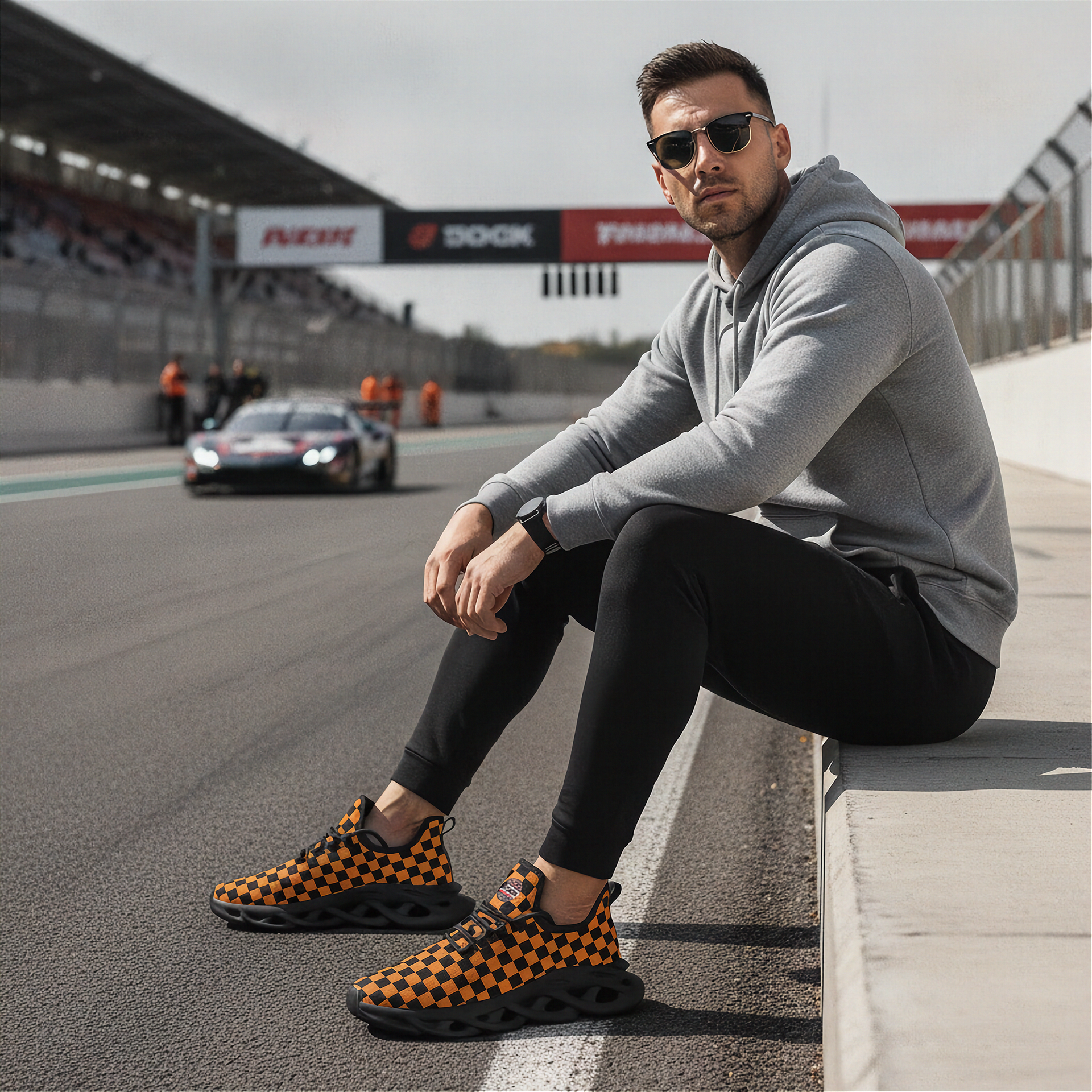 Man sitting on a race track wearing checkered shoes, gray hoodie, and black pants.