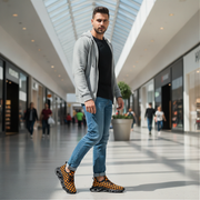 Man walking in a modern shopping mall wearing a gray hoodie, black t-shirt, blue jeans, and orange checkered shoes.
