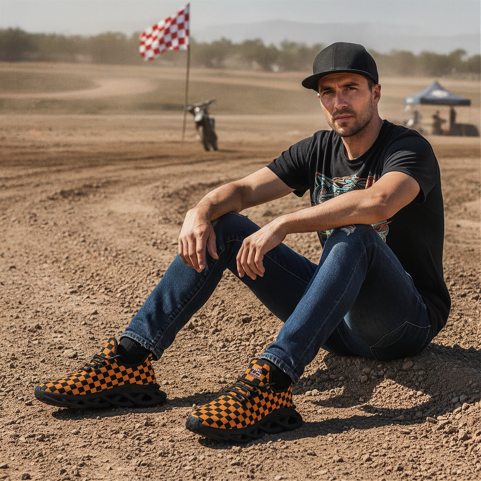 Man sitting on a dirt track wearing checkered shoes, black t-shirt, and cap.