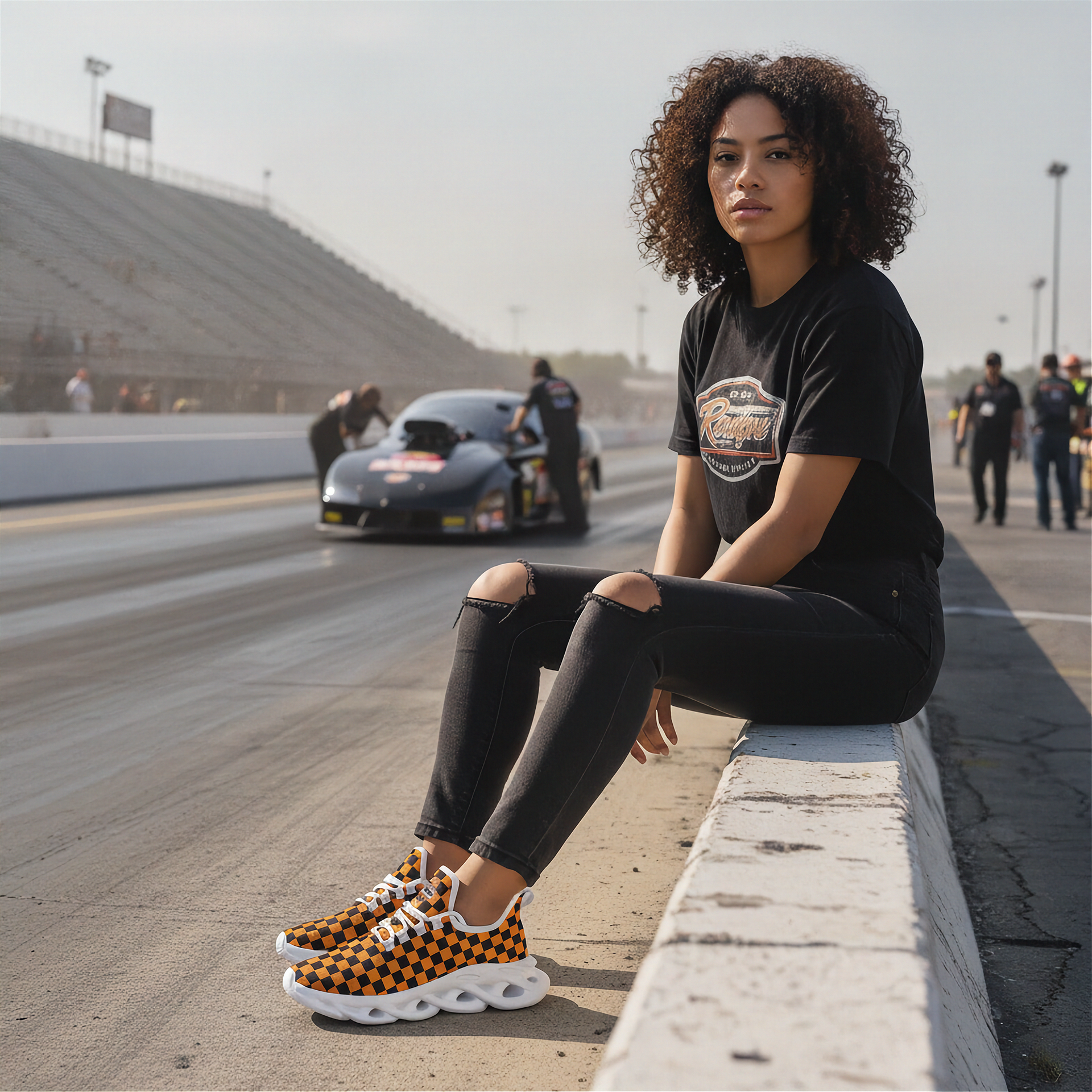 Woman sitting on a race track wall with a car in the background and wearing ornge checkered shoes