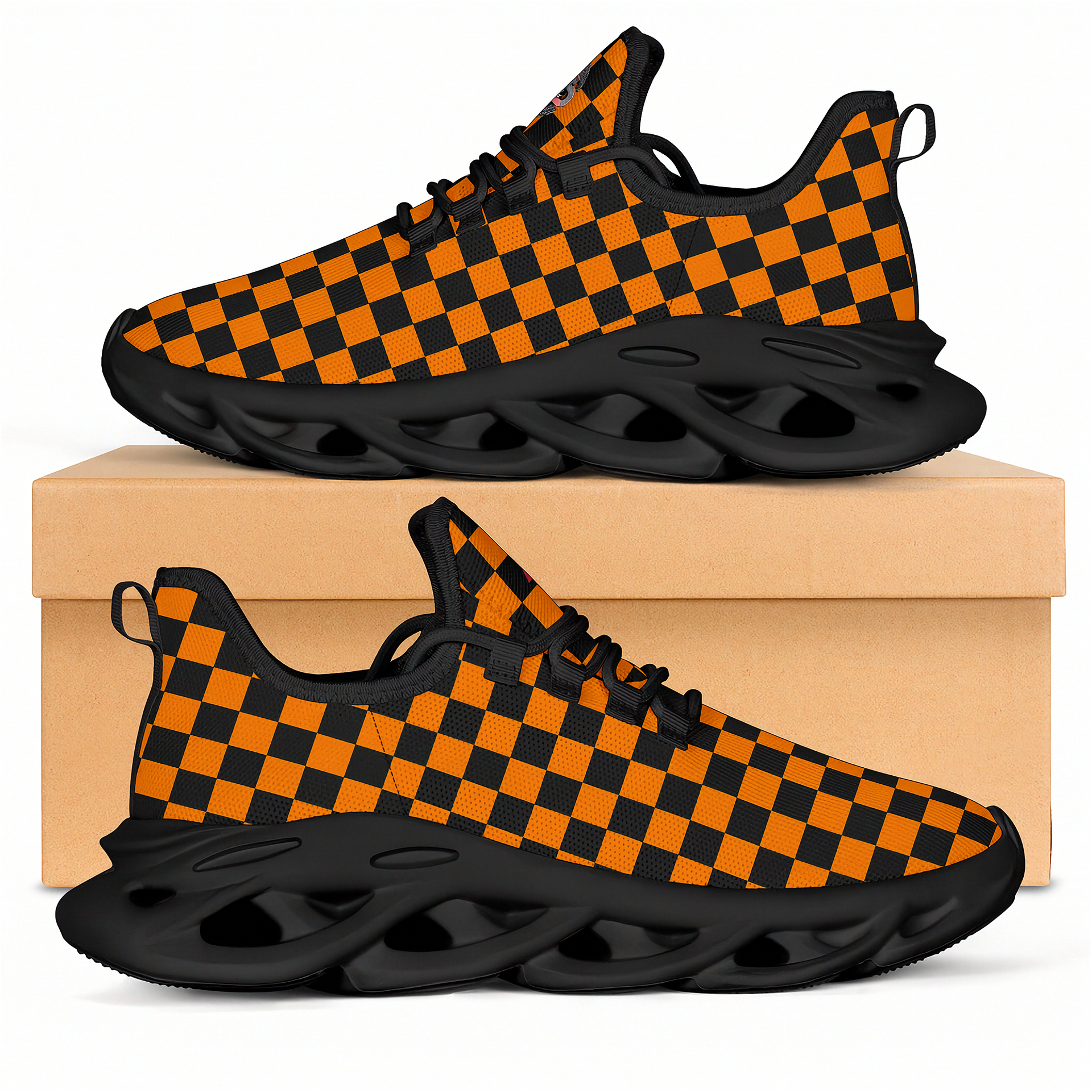 Black and orange checkered sneakers on a beige box with a white background