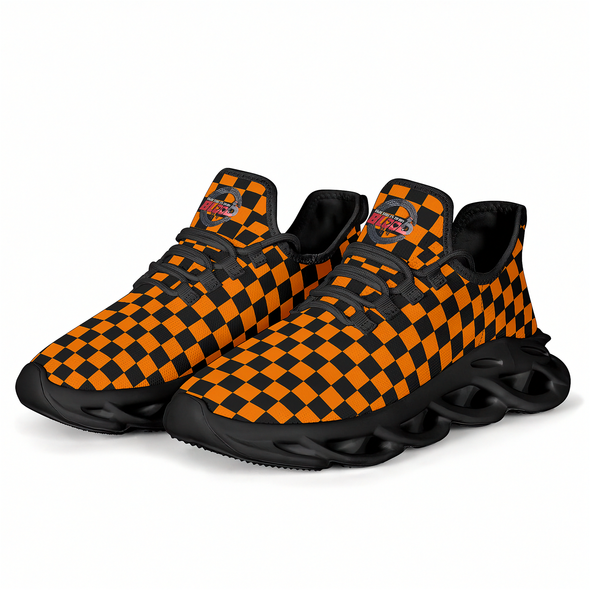 Orange and black checkered sneakers on a white background
