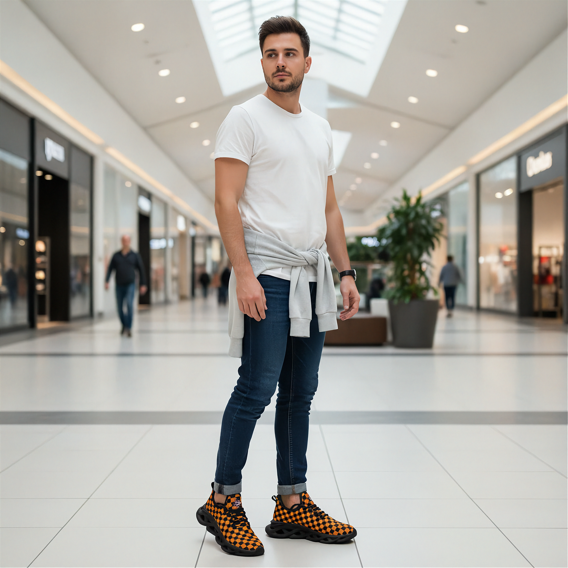 Man standing in a modern mall wearing a white shirt, blue jeans, and patterned shoes.